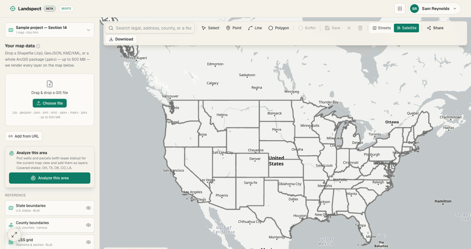 Landspect Maps — sample tracts and wells rendered on a live, shareable map with reference layers (state and county boundaries, PLSS grid, Texas survey) and a legend.