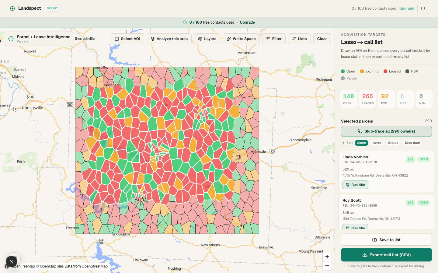 Landspect Scout — an AOI drawn over a county parcel fabric on the live map, with an acquisition-targets panel: lease-status legend, stat cards, and a selected-parcel call list with per-parcel target scores and Run-title links, ready to save or export as a CSV.